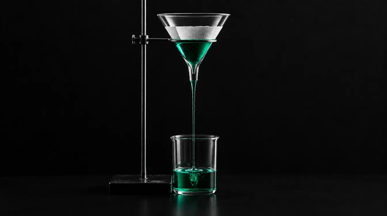 A glass lab funnel on a stand with a thin stream of green liquid flowing through it