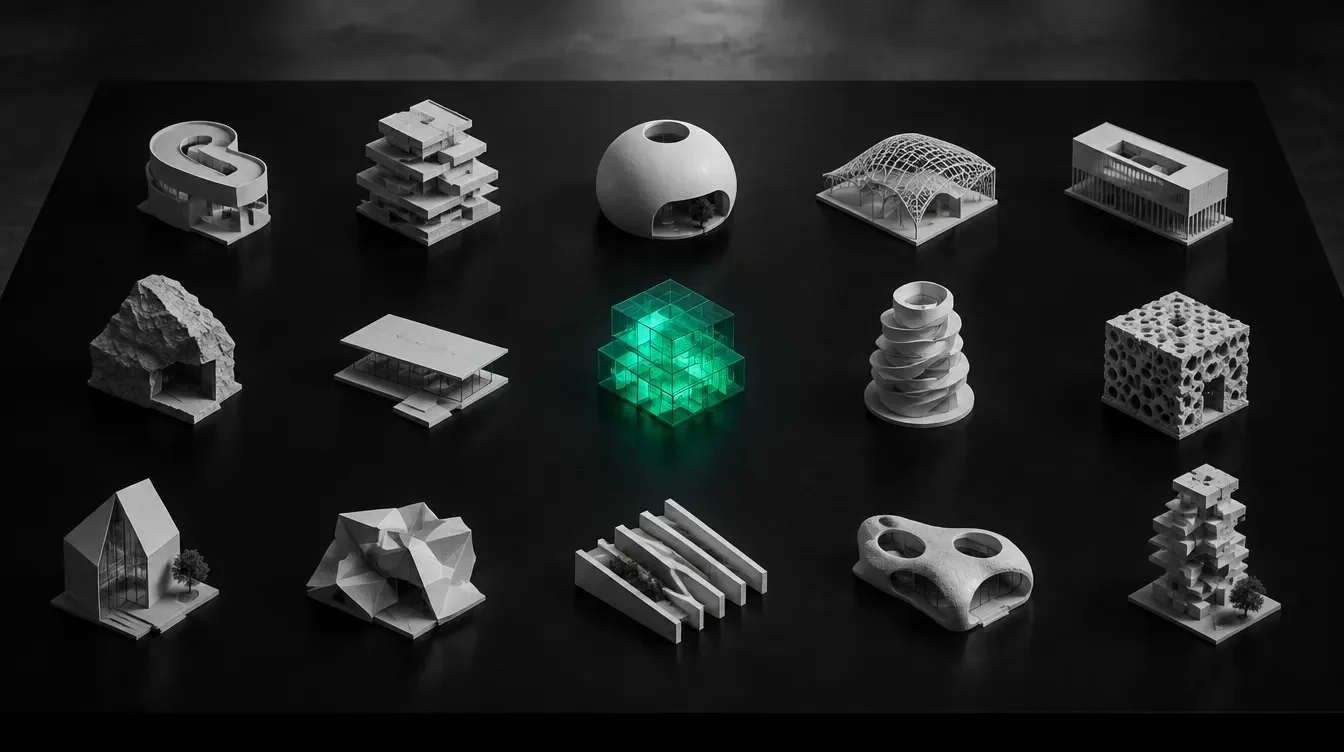 Fifteen small white architectural models on a dark table, one glowing green