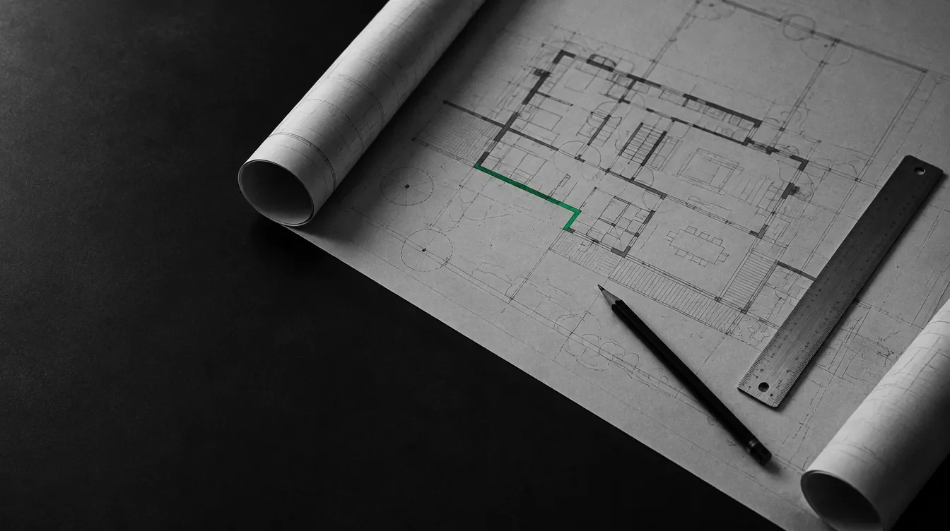 Blueprints and a ruler on a dark drafting table, one drawn line in green