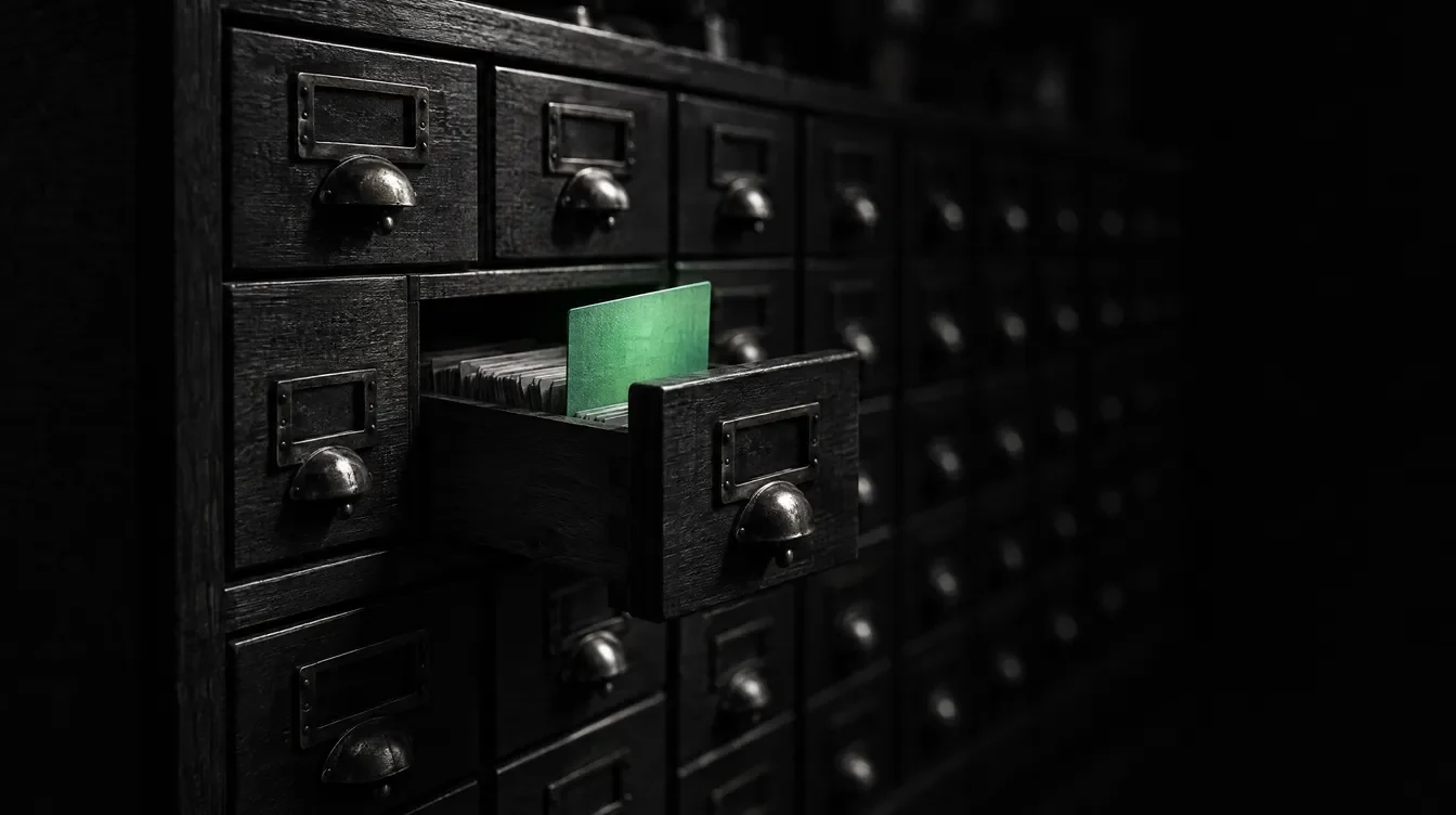 A wooden card catalog with one drawer pulled open and a single green index card standing in it