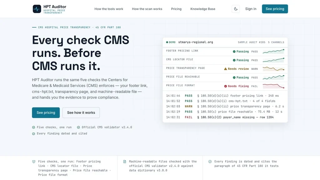 HPT Auditor home page: the headline "Every check CMS runs. Before CMS runs it." beside a sample audit report