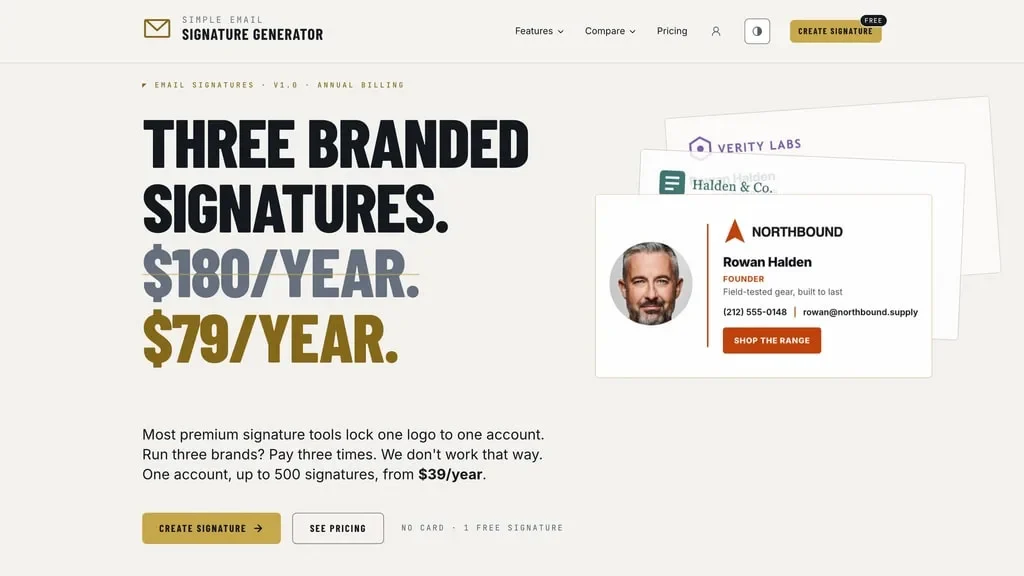 Simple Email Signature Generator home page: the headline "Three branded signatures" beside sample signature cards