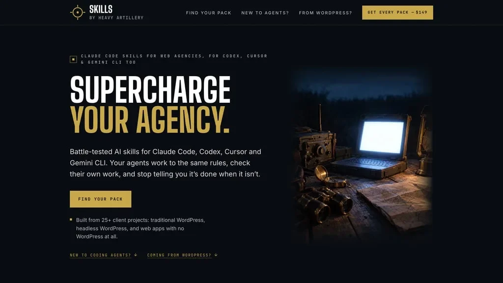 Skills by Heavy Artillery home page: the headline "Supercharge your agency" beside a laptop glowing on a field desk