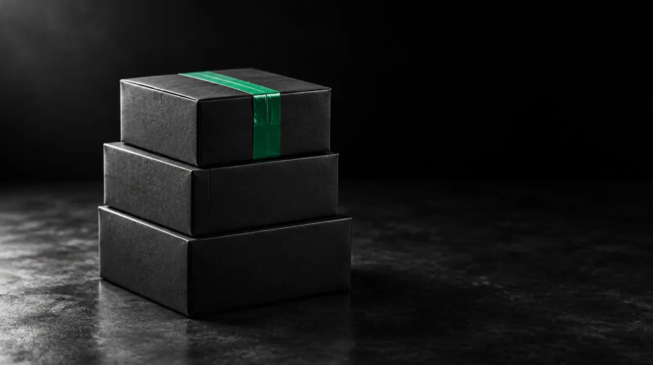 A stack of three black parcels on a dark concrete floor, the top one sealed with a strip of green tape