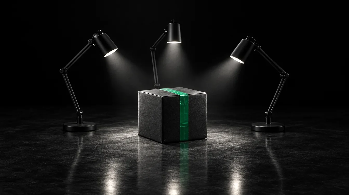 A black parcel sealed with green tape, lit by three desk lamps on a dark concrete floor