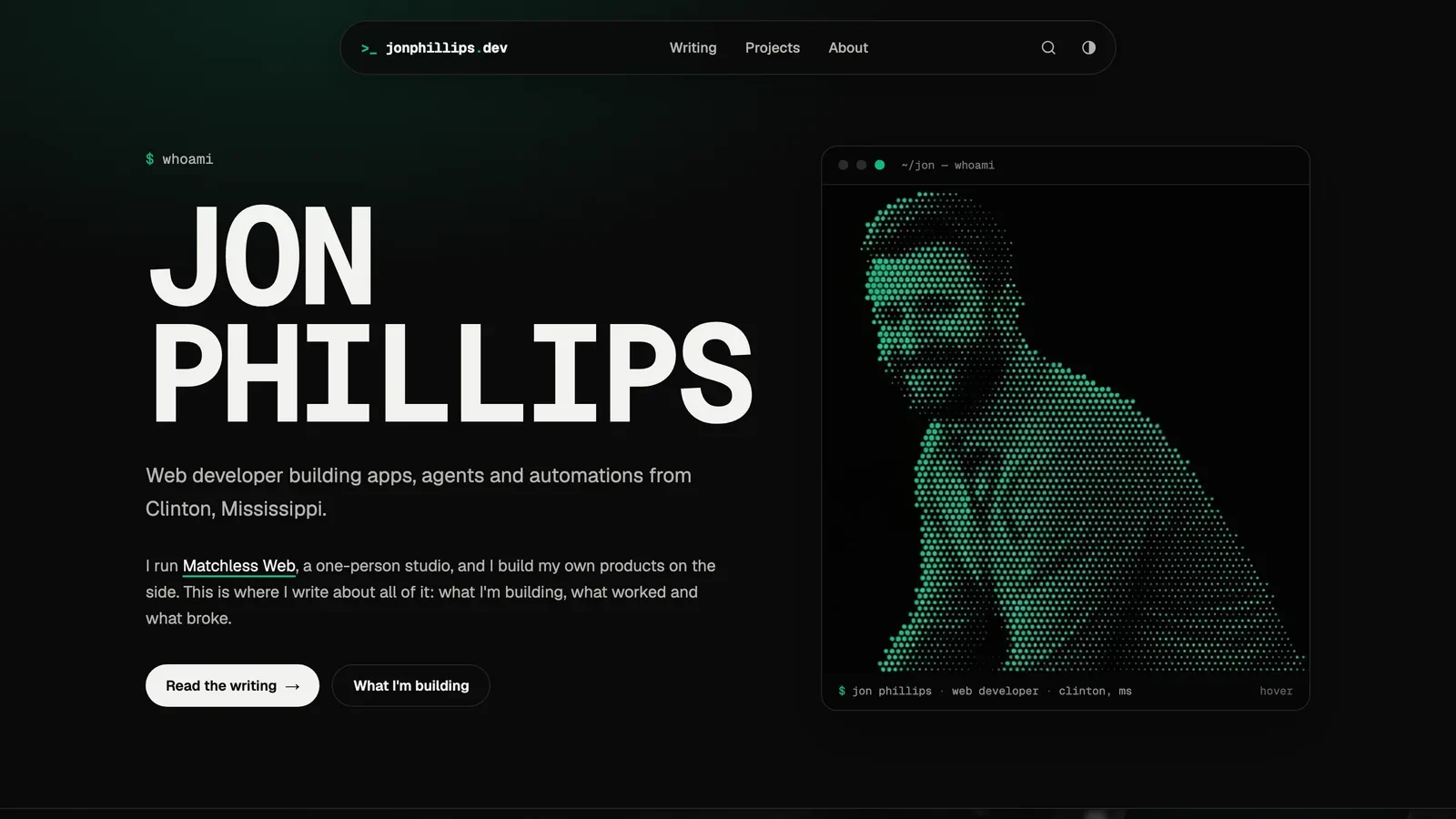 The jonphillips.dev home page, with a halftone portrait of Jon.