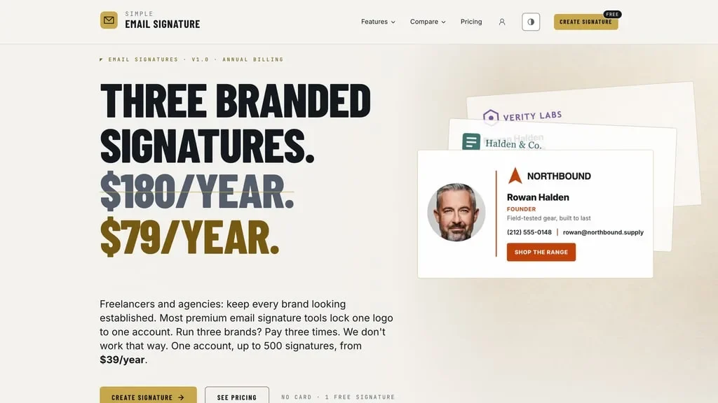 Simple Email Signature home page: the headline "Three branded signatures" beside sample signature cards
