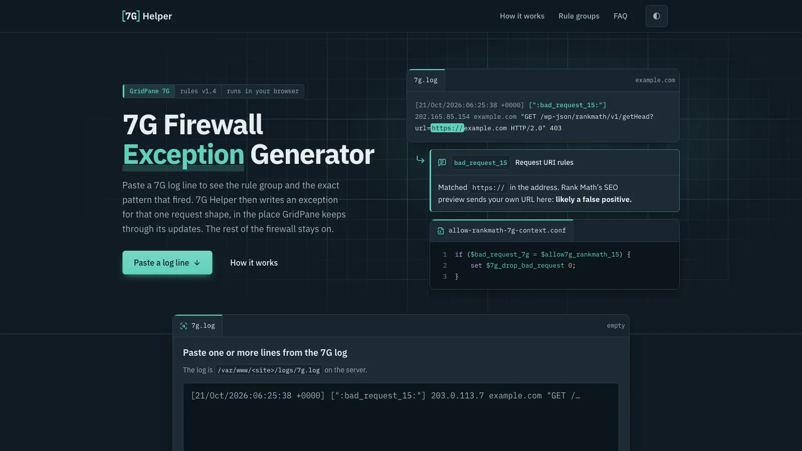7G Helper home page in the dark theme: the headline "7G Firewall Exception Generator" beside a sample log line, the rule it matched and the exception file