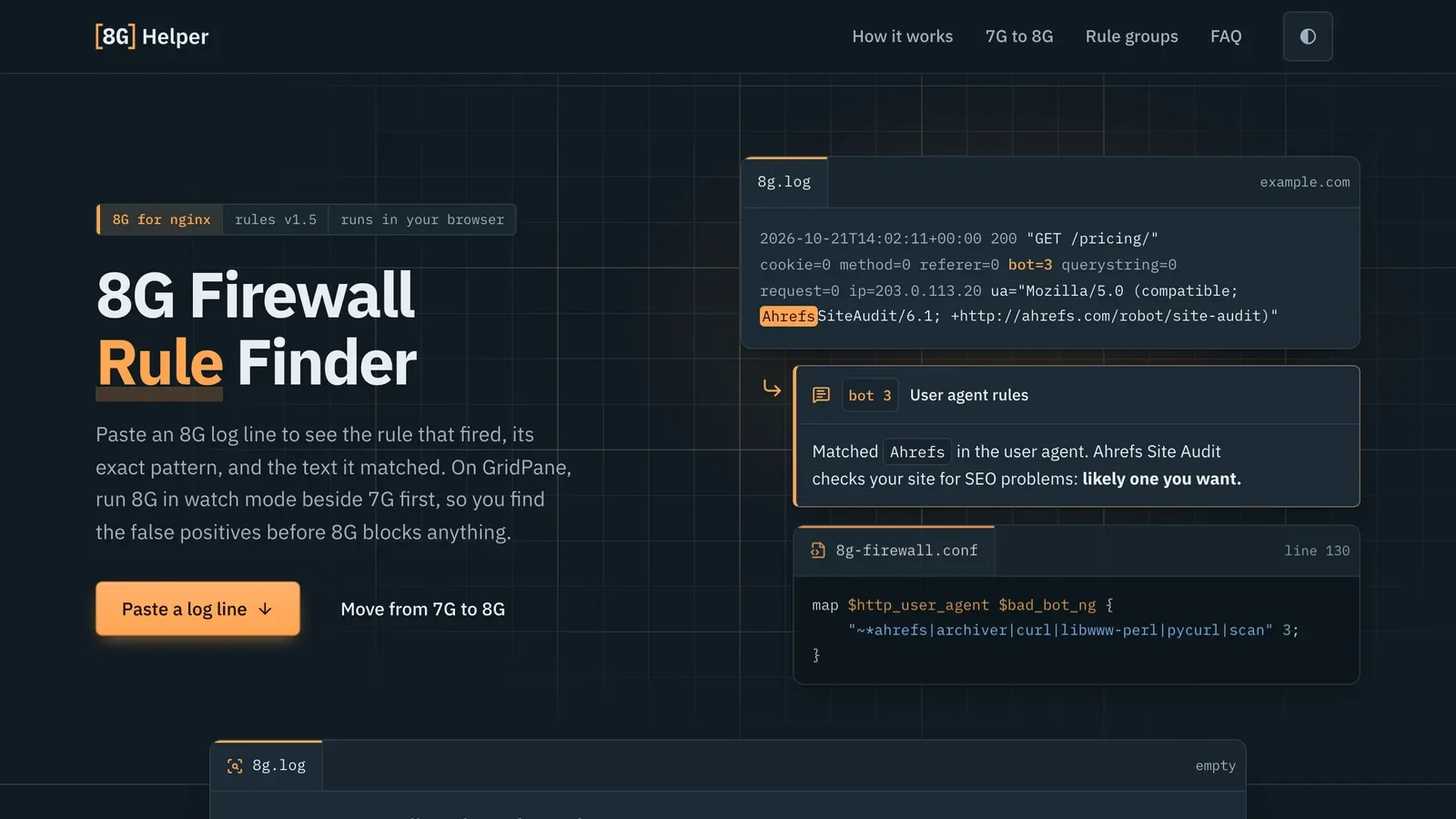 8G Helper home page in the dark theme: the headline "8G Firewall Rule Finder" beside a sample 8G log line, the rule it matched and its line in 8g-firewall.conf