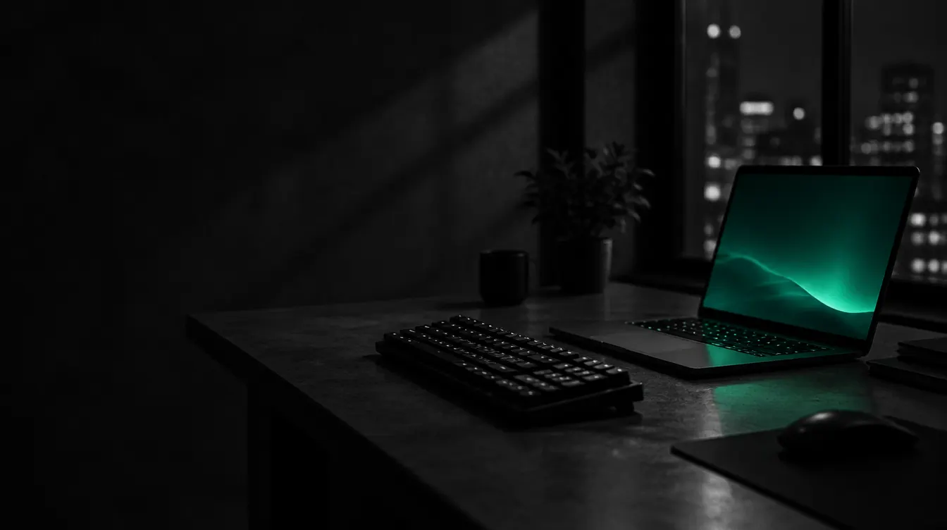 A dark desk at night: a keyboard and an open laptop whose screen glows green