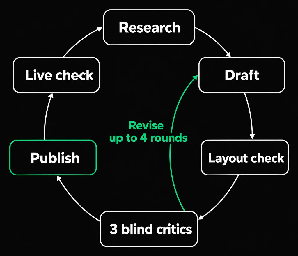 Six steps in a loop: research, draft, layout check, three blind critics, publish and live check, with a revise arrow from the critics back to the draft