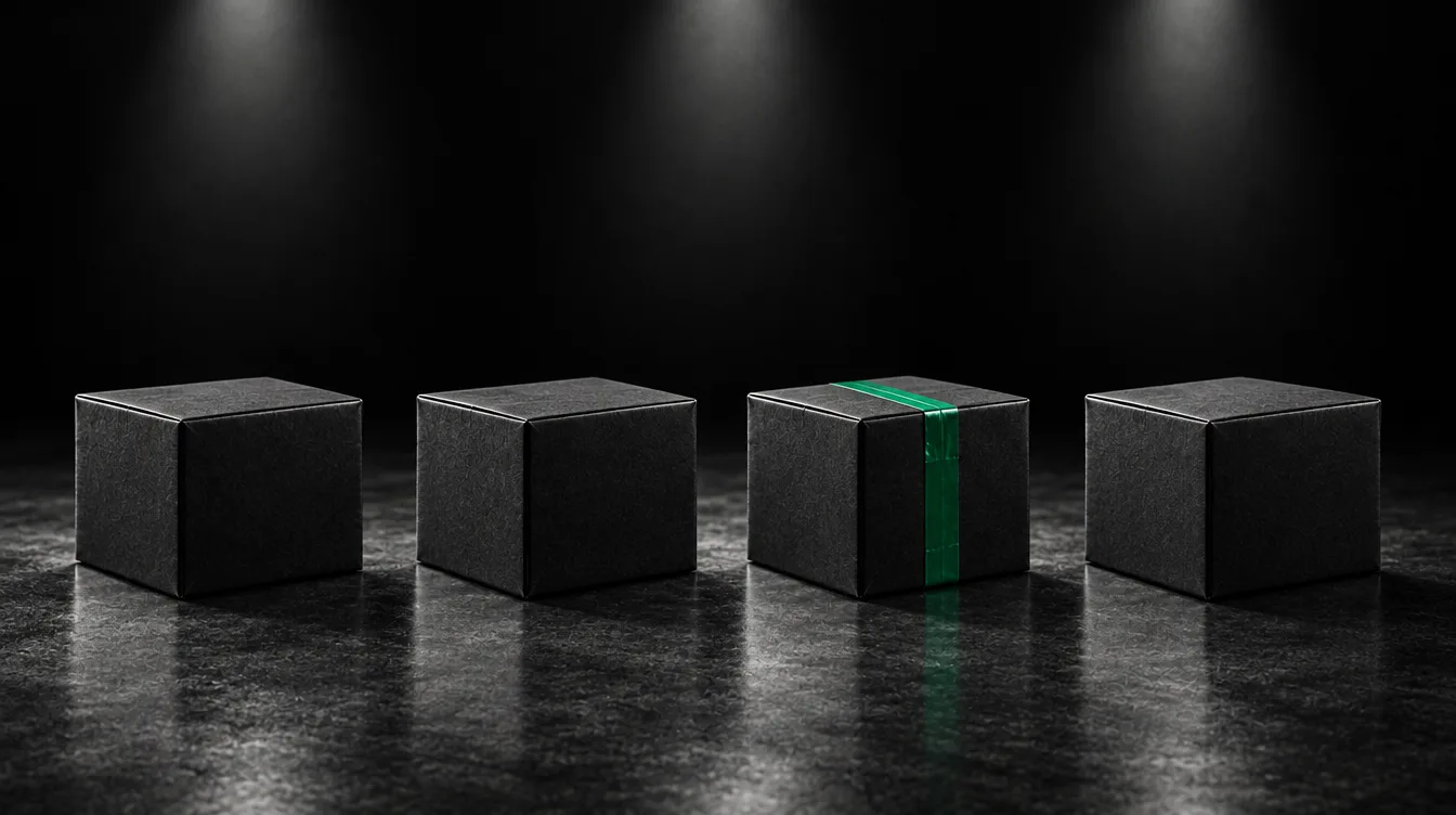 Four black parcels in a row under three spotlights; only one is sealed with green tape