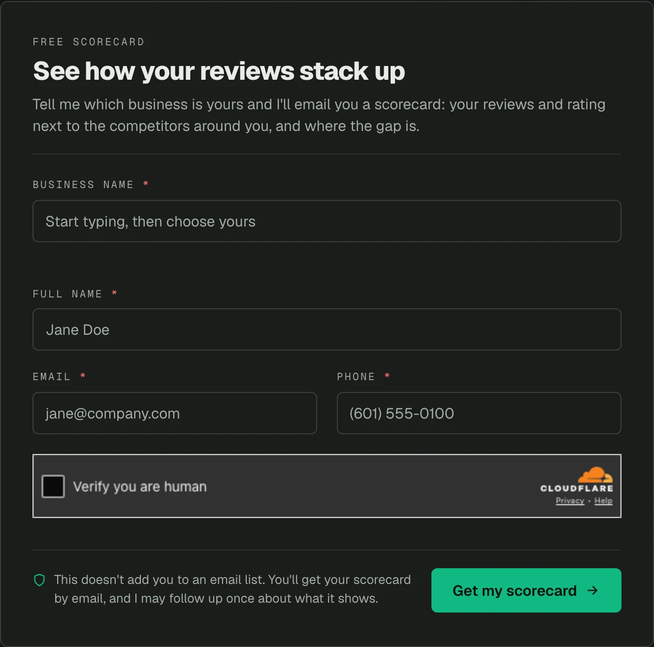 The Reputation Scorecard form on the Matchless Web review management page