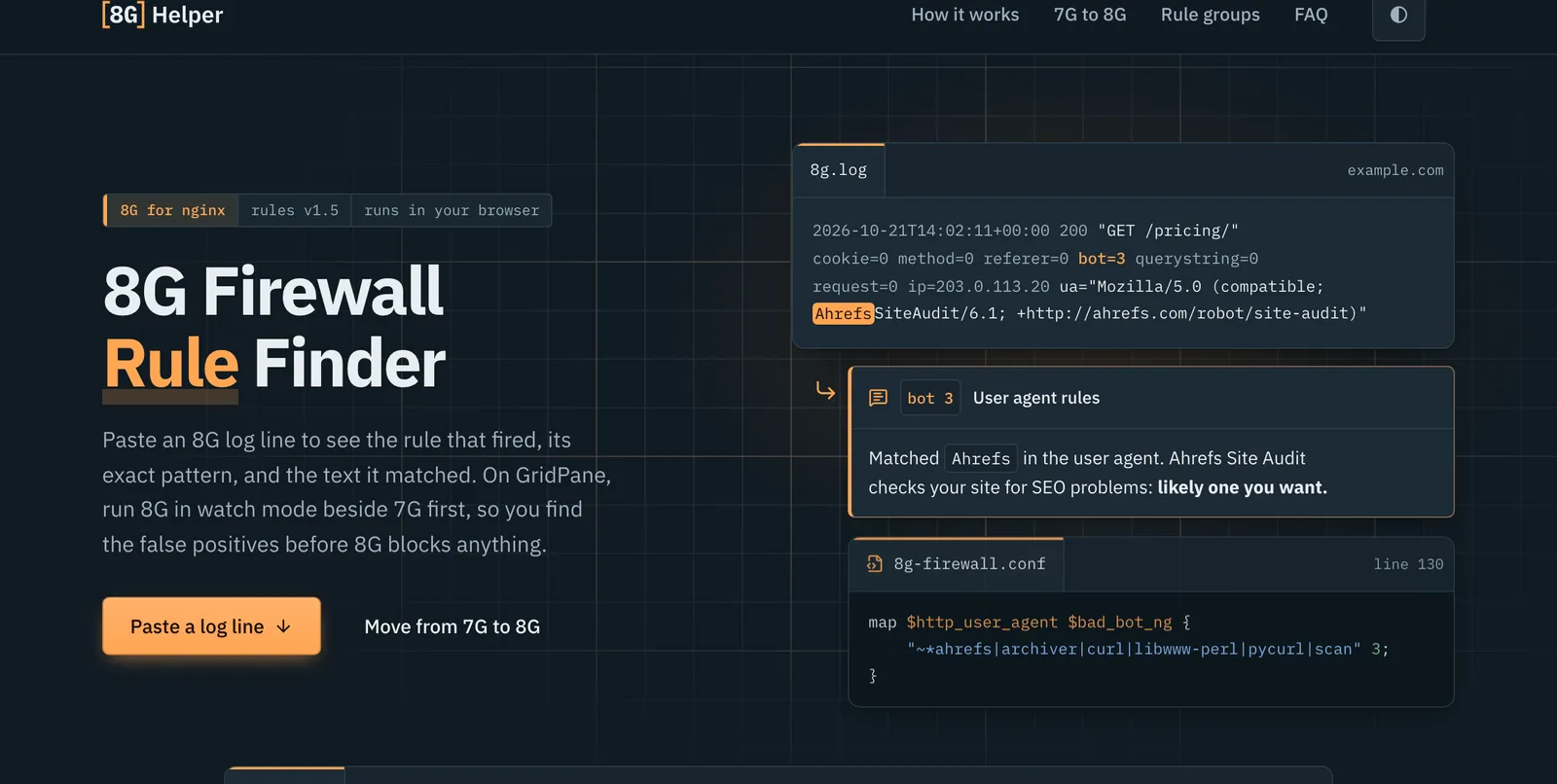 8G Helper in dark mode: a pasted 8G log line, the rule it matched (bot 3, user agent rules) with a note that Ahrefs Site Audit is likely a crawler you want, and the matching line of 8g-firewall.conf
